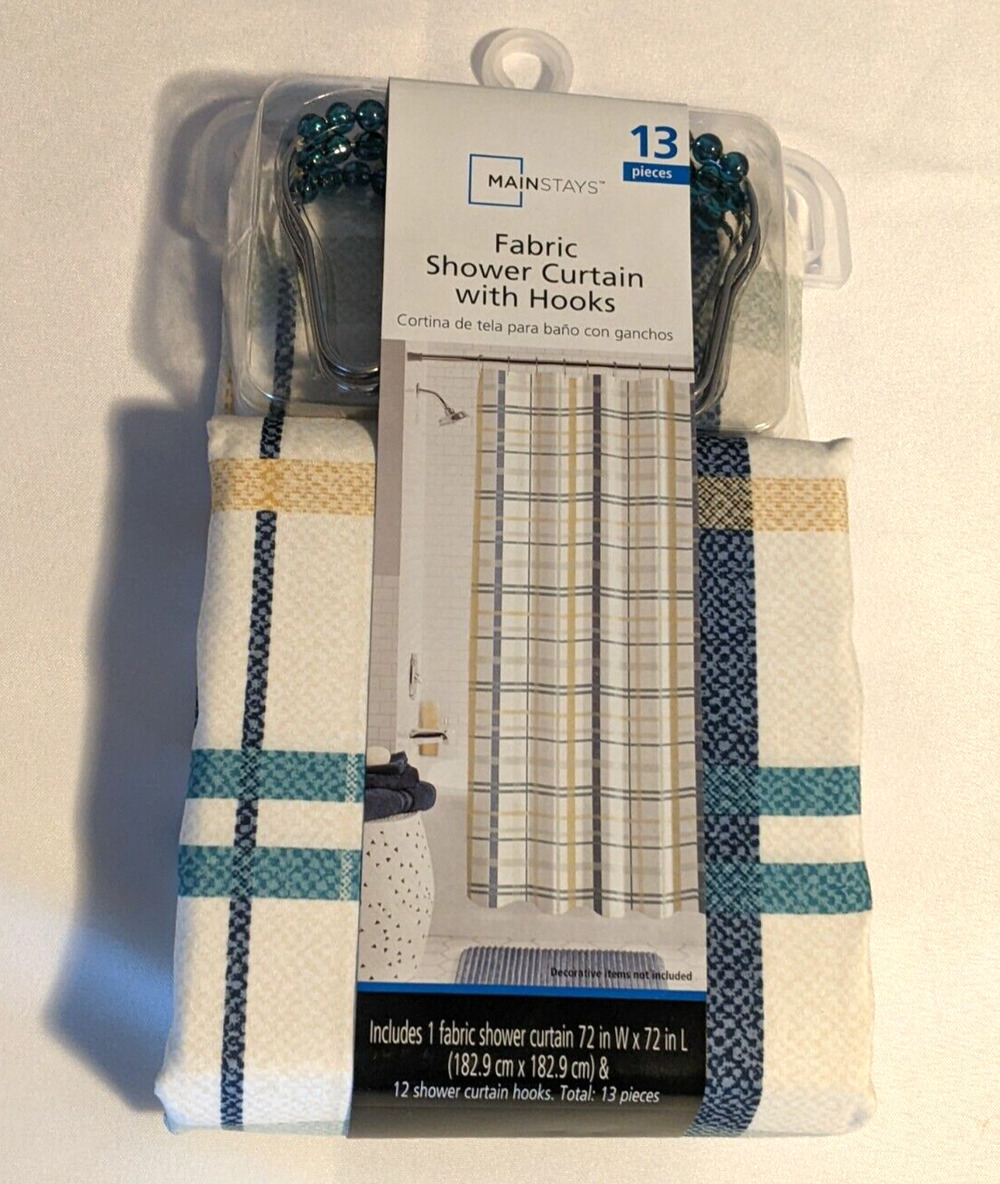 Mainstays Fabric Shower Curtain with Hooks Blue Plaid 13 Pieces